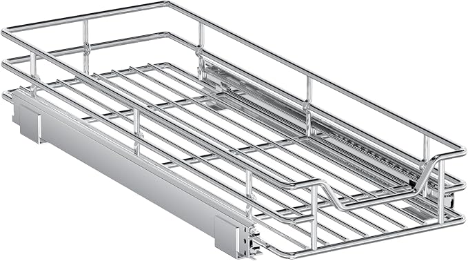 Pull Out Cabinet Organizer, 9" W x 21.5" D, Heavy Duty Chrome Slide Out Shelf for Narrow Base Cabinets, Sliding Wire Basket Drawer for Spices, Bottles, Snacks & Cleaning Supplies