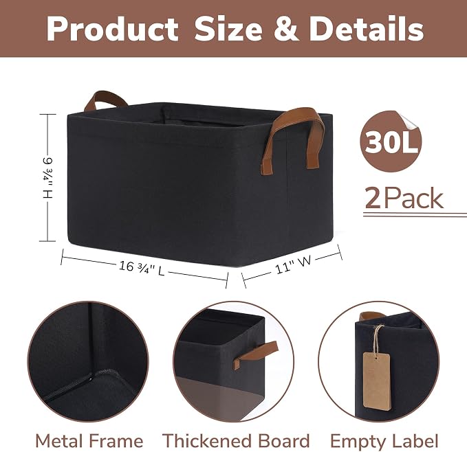CHICVITA Large Storage Bins for Clothes and Toys, Black Fabric Bin for Living Room, 16 " L x 11" W x 9 " H, 2-Pack