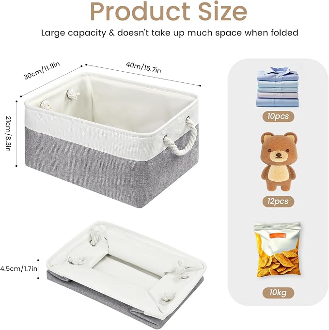 Large Storage Baskets- 15.7x11.8x8.26 inch Storage Bins for Shelves and Closet Organizing, Foldable Fabric Bin for Home Organization Clothes and Laundry (3-Pack, White&Grey)