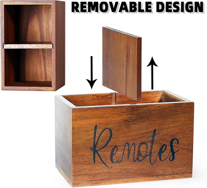 Remote Control Holder, Wooden TV Remote Holder for Table, Remote Organizer Caddy for Home Decor, Remote Box for Nightstand, Brown Labeled "Remote", 2 Slot - 7.3 Inch