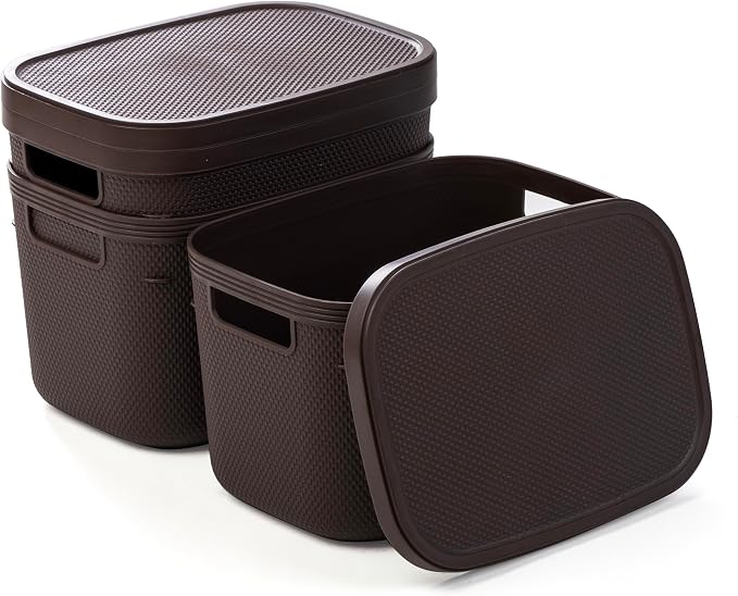 BINO | Plastic Storage Bins with Lids, 5.5 Liter - 3 Pack, Dark Brown | THE TWILL COLLECTION | Plastic Bins for Organization | Woven Storage Baskets for Organizing | Pantry Shelf Organizer Basket Bin