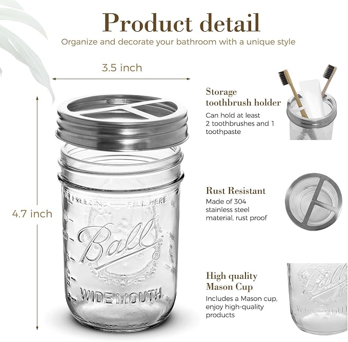 2Pcs Mason Jar Toothbrush Holder 16oz Glass with Premium Rustproof 304 Stainless Steel Lid-Farmhouse Bathroom Organizers and Storage（Silver）