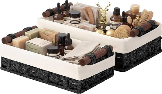 StorageWorks Small Baskets for Organizing with Wooden Handles and Liner, Wicker Toilet Paper Baskets for Back of Toilet Basket, Black Paper Rope Bathroom Basket Organizer and Storage for Decor, 2 Pack
