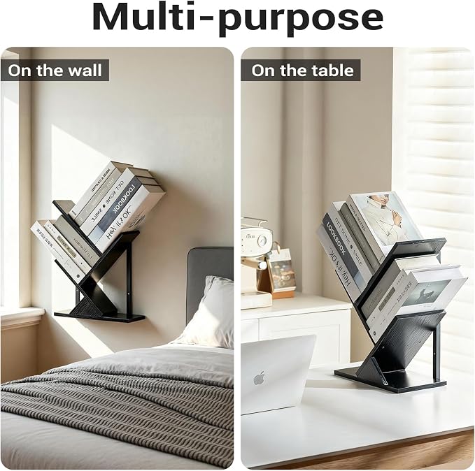 3 Tier Small Tree Bookshelf Black Floating Book Shelves for Wall, Unique Hanging Bookshelf Small for CDs/Magazine/Books Display, Desktop shelf Floor Standing Mini Bookcase for Bedroom, Living Room