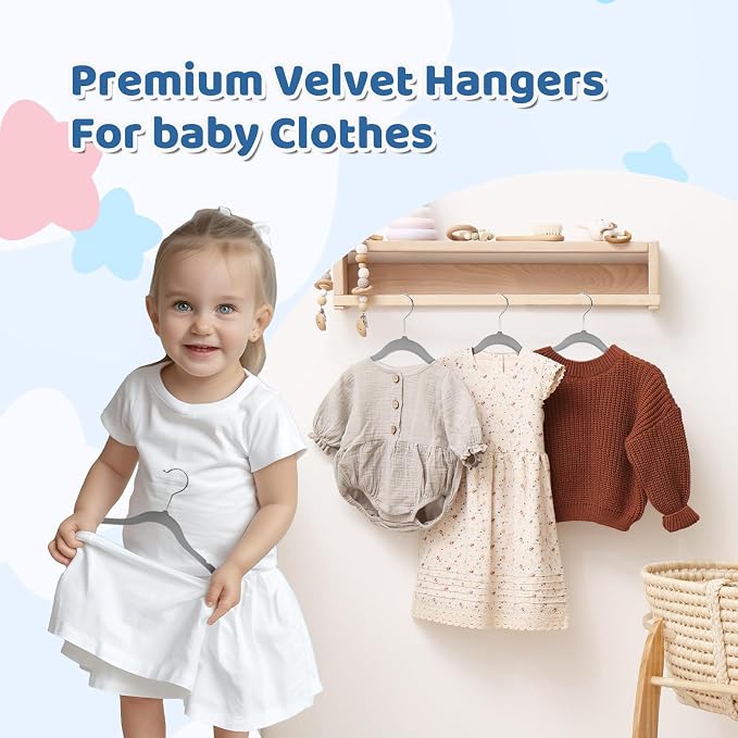 Smartor Premium 11 Inch Baby Hangers 50 Pack, Kids Velvet Hanger, Non Slip | Grey Space Saving Felt Hangers Clothes Organizers for Closet with 360° Swivel Hook for Children, Infant & Toddler