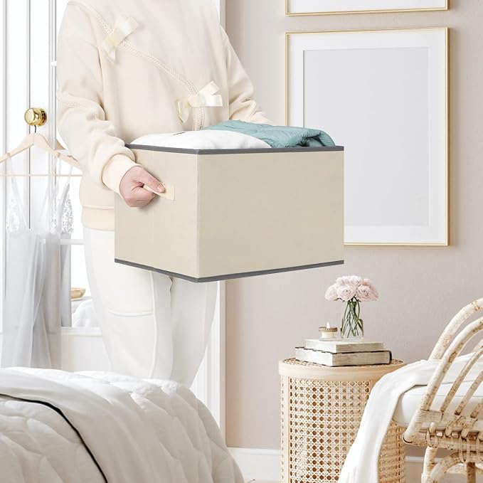Extra Large Fabric Storage Baskets for Shelves 3 Pack, 15.75x11.8in Closet Storage Bins for Shelves, Cloth Baskets for Organizing, Linen Closet Organizers, Beige