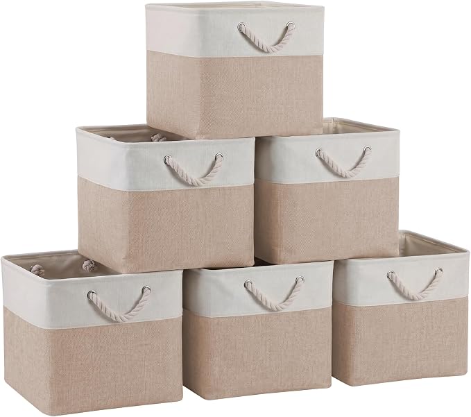 13×15×13 Inch Storage Cubes,6 Pack Cube Storage Bins for Shelves,Fabric Collapsible Storage Bins with Handles, Foldable Storage Basket for Organizing Clothes,Books (White&Beige,13"x15"x13")