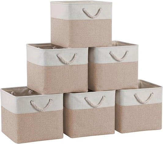 13×15×13 Inch Storage Cubes,6 Pack Cube Storage Bins for Shelves,Fabric Collapsible Storage Bins with Handles, Foldable Storage Basket for Organizing Clothes,Books (White&Beige,13"x15"x13")