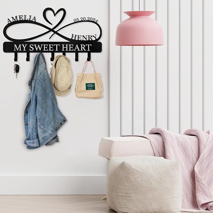 Dyoart Personalized Key Holder Wall Mount, Custom Couple's Name Key Holder for Wall, Love Shape Wedding Couple Gifts, Metal Key Rack Coat Rack, Key Rack Organizer for Bedroom Hallway Decor