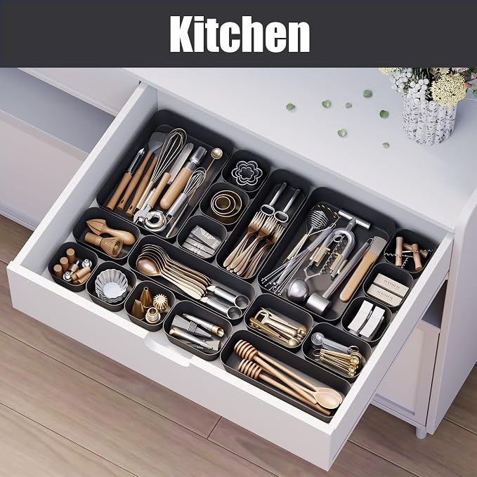 Drawer Organizers Bins 10 PCS for Bathroom Makeup Desk Office | with Non-slip Pads, 3 Sizes, Plastic Tray, Vanity Organizer, Kitchen Utensils Organizer