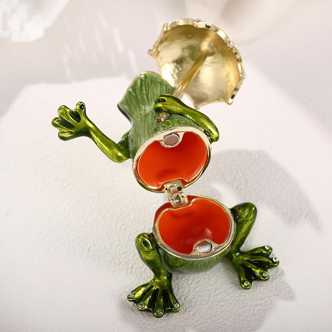 Hand Painted Animal Trinket Box for Home Decor, Hinged Jewelry Organizer Storage, Unique Personalized Collectible Keepsake Figurine Handmade Decorative Ornament Gifts (Umbrella Frog)