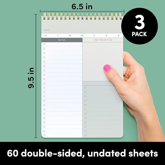 PAPERAGE To Do List Notepad, Daily To Do List Notebook, 60 Double-sided Tear-off Sheets, 3 Pack, 6.5" x 9.5", Undated Daily Planner Checklist for Office, School or Home (Sage/Tan)