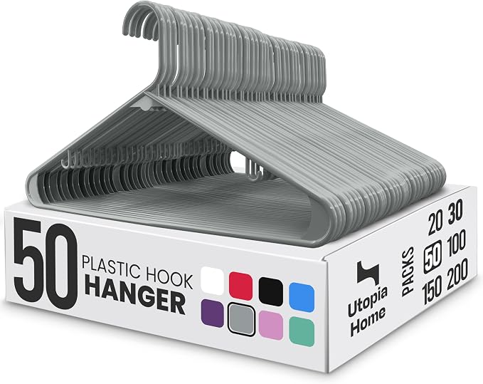 Utopia Home Plastic Hangers 50 Pack – Built-in Strap Hooks Grey | Space saving | Durable & strong | Closet organizer | Clothes hangers | Ideal for shirts, pants, skirts & coats