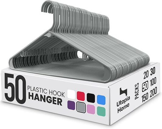 Utopia Home Plastic Hangers 50 Pack – Built-in Strap Hooks Grey | Space saving | Durable & strong | Closet organizer | Clothes hangers | Ideal for shirts, pants, skirts & coats