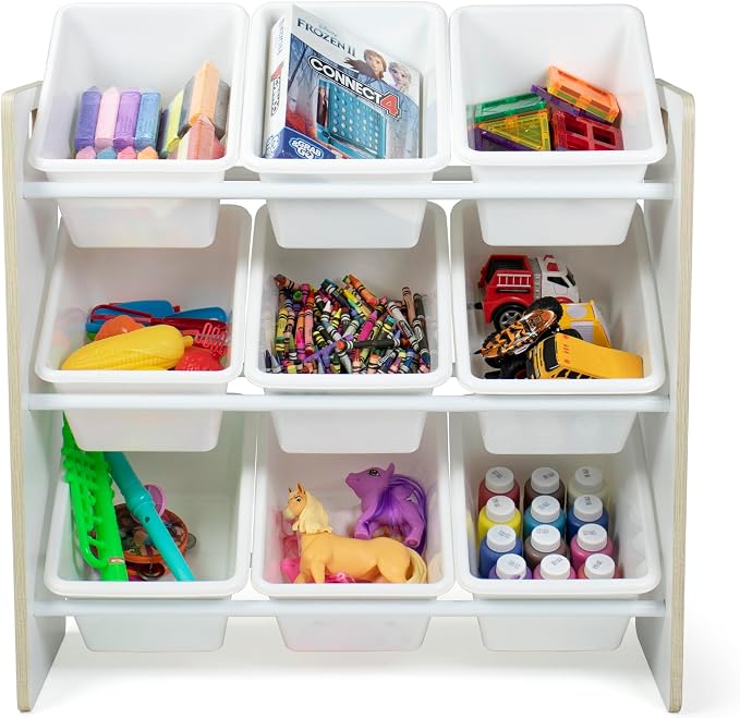 Humble Crew Toy Storage Organizer with 9 Removable Storage Bins for Kids Playroom, 3-Tier Toddler Toy Organization, Light Wood/White