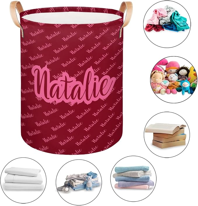 Personalized Laundry Basket, Custom Gift Laundry Hamper, Collapsible Nursery Waterproof Laundry Baskets, Dirty Clothes Toy Hamper with Handles Name Text Red