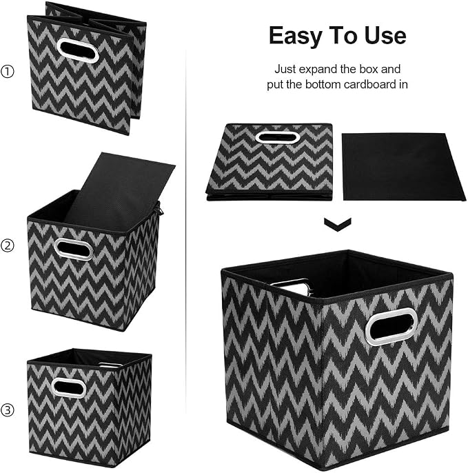 Collapsible Cube Storage Bins Chevron Cloth Storage Inserts Cubes Folding Fabric Storage Boxes 10.5x10.5 X 11 In Black Storage Baskets Drawer for Cube Organizer Storage QY-SC10-6