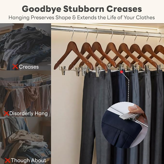 HOUSE DAY Wooden Hangers with Clips 12 Pack, Heavy Duty Walnut Wood Pants Hanger, Premium Skirt Hanger with Adjustable Clips, Solid Clip Hangers for Suit, Blouse, Dress, Coat, Jacket, Bottom