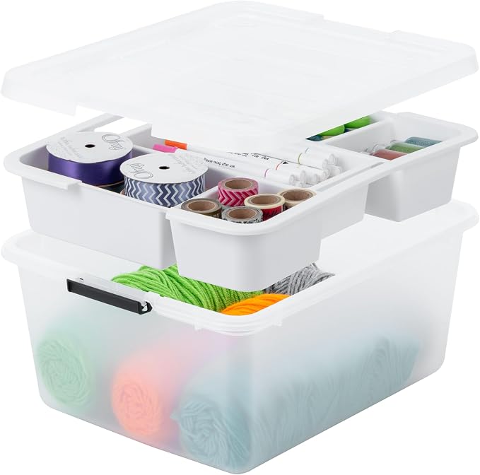 IRIS USA 18 QT Clear Storage Organizer with Removable Dividers, Stackable Plastic Storage Box with Lid, Modular Container for Crafts, Tools, Office & Pantry Organization