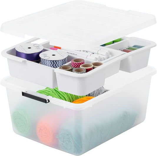 IRIS USA 18 QT Clear Storage Organizer with Removable Dividers, Stackable Plastic Storage Box with Lid, Modular Container for Crafts, Tools, Office & Pantry Organization