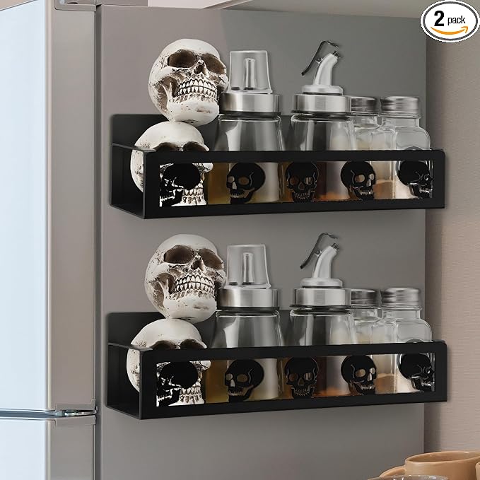 Beeveer 2 Pack Skull Head Magnetic Spice Rack for Refrigerator Metal Magnet Basket Shelf for Fridge Seasoning Storage Organizers Home Decor Kitchen Accessories (Black)