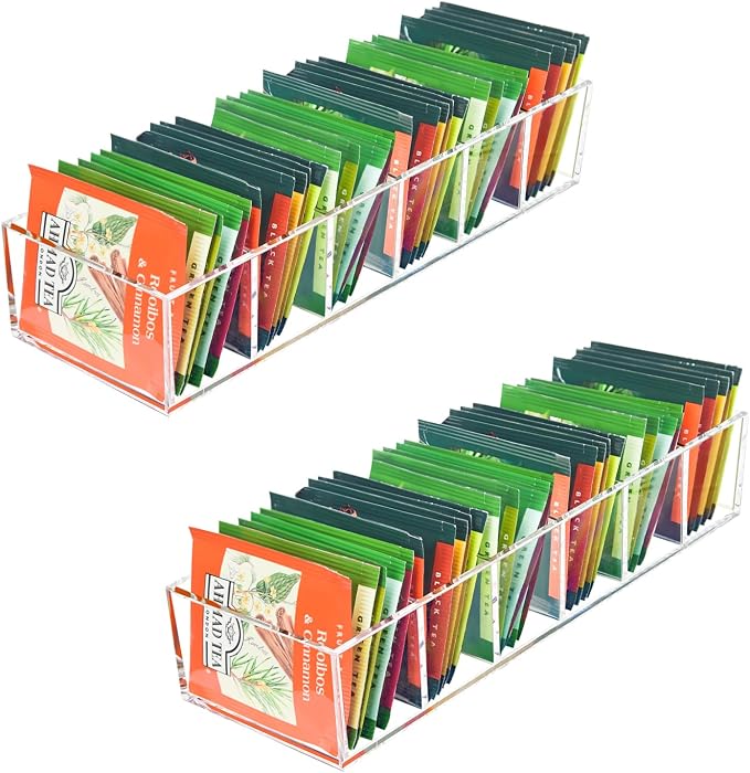 Acrylic Tea Bag Organizer Clear Teabag Holder Tea Storage Box 2 Pack | Tea Bag Organizer Holder with 6 Slot, Small Tea Packet Storage for Countertop, Drawer, Kitchen, Pantry, Shelf, Cabinet