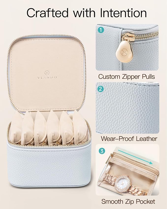 VLANDO Travel Jewelry Organizer Case with 6 Clear Velvet Zipper Pouches, Faux Leather Jewelry Storage Box for Rings, Earrings, Necklaces and Bracelets, Gift for Women