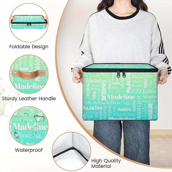 Custom Storage Basket with Name, Personalized Keepsake Box with Zipper Lid, Foldable Fabric Memory Bin Large capacity with Handle Green Blue