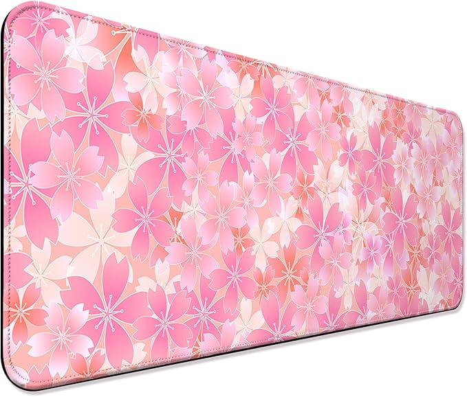 Japanese Cherry Blossom Gaming Desk Mat, Computer Keyboard Large Extended Flowers Mouse Pad for Office and Home, 31.5×11.8 Inches, XL, Pink