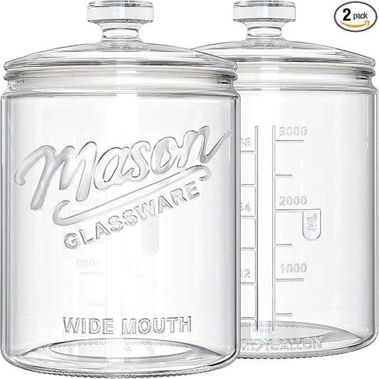 1 Gallon Cookie Jars, 2 Pcs, Large Glass Jars with Airtight Lids for Kitchen, Wide Mouth Food Storage Containers for Flour, Sugar, Sourdough Starter, Candy, Coffee, Dog Treat, Apothecary, Laundry