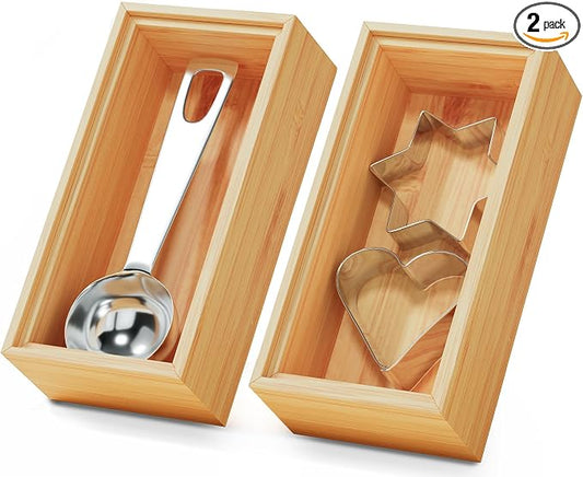 Small Bamboo Kitchen Drawer Organizer Boxes – 6" x 3" Stackable Wood Silverware Utensil Tray for Drawers Bins Cutlery & Flatware Storage – Wooden Organizers Set of 2 for Junk Drawer, Bathroom, Rv