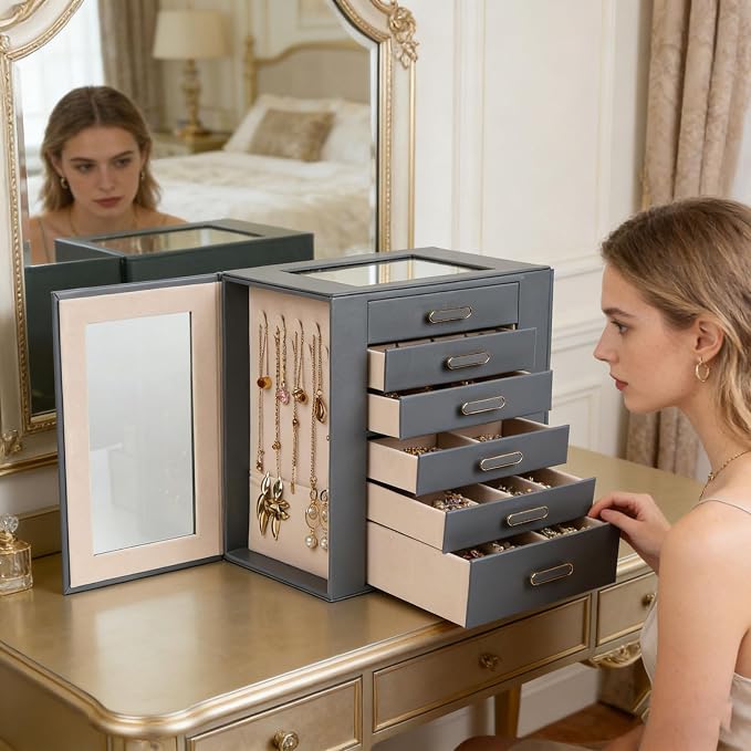 BOOVO Clear Lid Jewelry Box,6 Layers Jewelry Organizer Large Jewelry Storage Box with 6 Drawers,Jewelry Holder Organzier of Rings Earrings Necklace Bracelets for Women (Grey, 6 Layer)