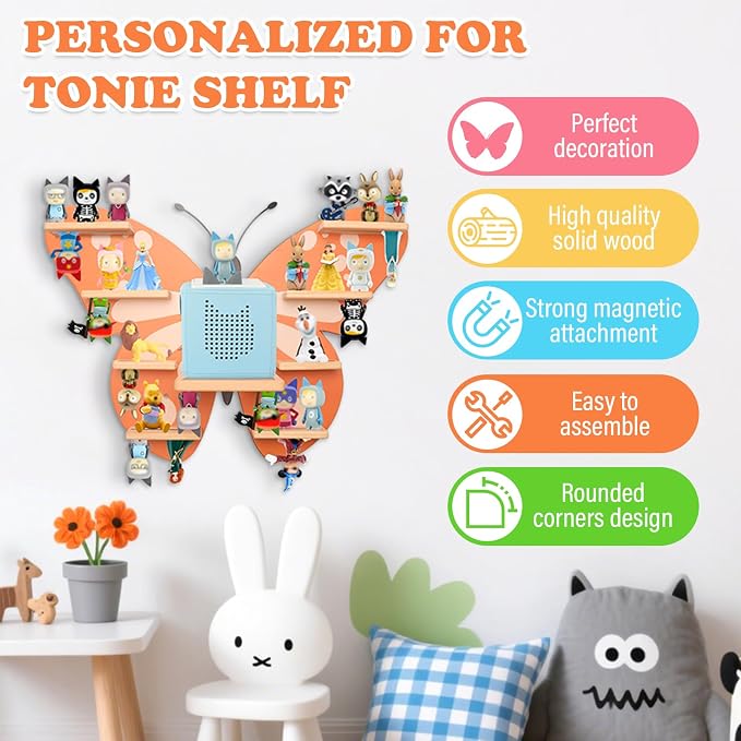 Butterfly for Tonies Box 1/2 Tonies Figures Organizer Storage Shelf Wall Mounted, Magnetic Display Collection 30~40 Characters Floating Shelves Storage Player