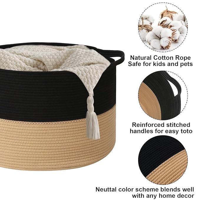 65L Large Blanket Basket,Woven Rope Laundry Basket Hamper with Handles,Decorative Nursery Basket Storage Bin for Toys, Pillows , Clothes Organizer, Living Room, Bedroom, Bathroom, Black&Camel