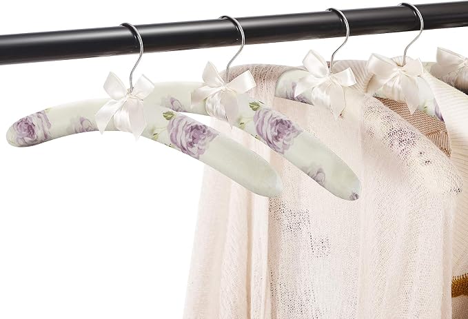 Anti Slip Satin Padded Clothes Hangers for Women Foam Sweater Hangers - Fancy Thick Padded Coat Hanger No Bump Floral Canvas Cover for Adult, Bridesmaid, Wedding Gown Closet (Pack of 10)
