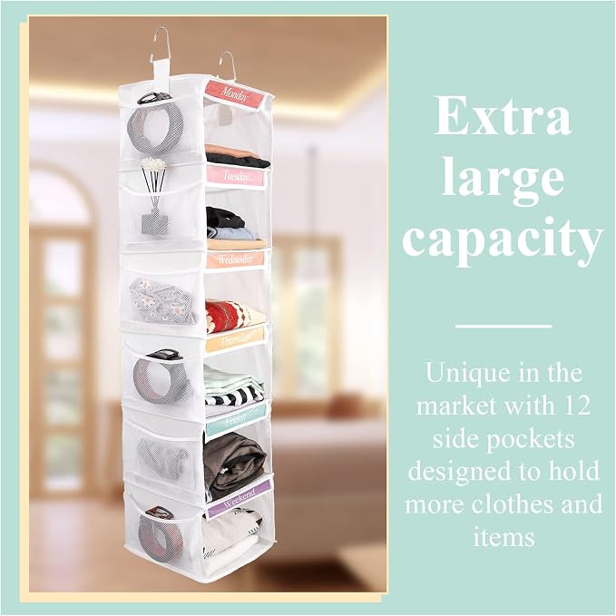 Amylove 2 Pack 6 Shelf Weekly Clothes Organizer for Kids with Side Pocket, 47 Inch Days of the Week Clothes Organizer, Monday to Friday Daily School Outfits Clothing Divider for Kids(White)