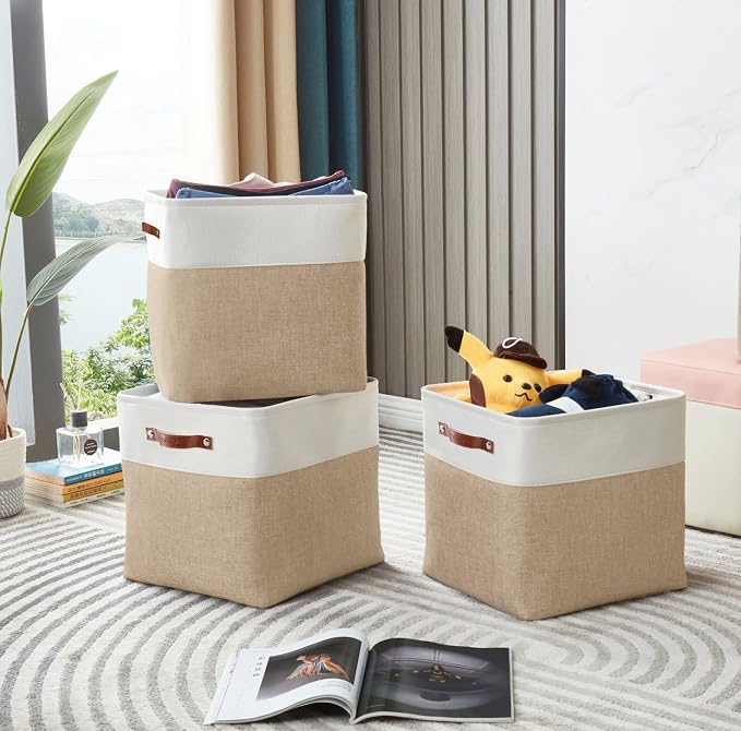 DECOMOMO Cube Storage Bin 12x12, Fabric Storage Bins, Kallax Storage Cubes (Beige & White, 4 Pack)