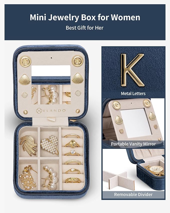 VLANDO Preppy Stuff Jewelry Holder Organizer, Preppy School Supplies for Teens Girl Gifts Trendy Stuff, Preppy Jewelry Travle Case, Birthday Gifts for Daughers - Letter K, Dark Blue