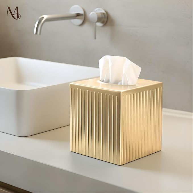 Monarch Abode Tissue Box Cover Square – Handcrafted Ridge Embossed Brushed Gold Metal Tissue Holder Box for Bathroom Accessory, Aesthetic Decorative Facial Napkin Cube for Modern Home Decor