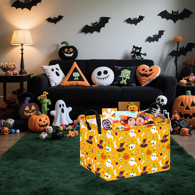 Halloween Empty Storage Basket with Handles Open Gifts&Candy Spooky Basket stuffers for Kids Baby Collapsible Women Organizer Bins Toys Boxes for Shelves Home Office