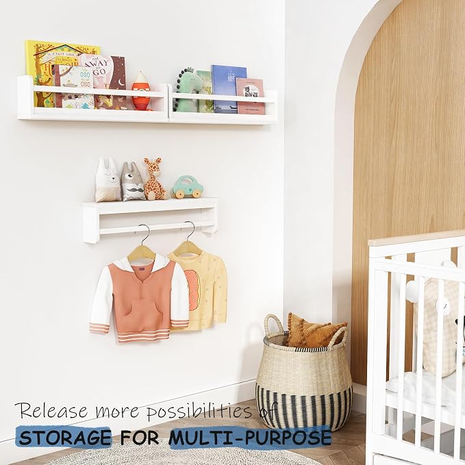 Harwaya White Wall Bookshelf for Kids Room, 24 Inch Toddler Nursery Bookshelf Wall Mounted for Baby Boy Girl Bedroom, Floating Childrens Book Shelves with Hanging Rod for Books - Set of 3