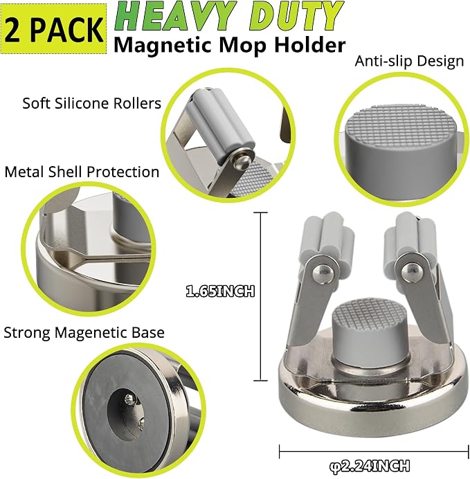 ULIBERMAGNET Magnetic Mop Broom Holder, Heavy Duty Movable Magnetic Mounted Utility Storage Mop Shovel Hanger for Garage, Kitchen, Laundry, Garden (2 Pack/Silver)