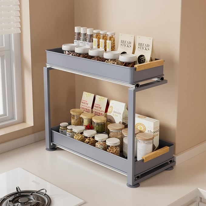 Pull Out Under Sink Organizer, 2 Tier Slide Out Drawer for Kitchen, Bathroom and Cabinet Storage, Steel, Gray