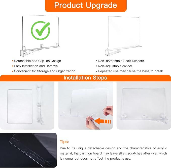Fixwal 12 PCS Detachable Acrylic Shelf Dividers for Closet Organization Clear Shelf Divider for Closet Organizers and Vertical Purse Organizer for Closet, Bedroom, Kitchen, Office, Cabinets, Bathroom