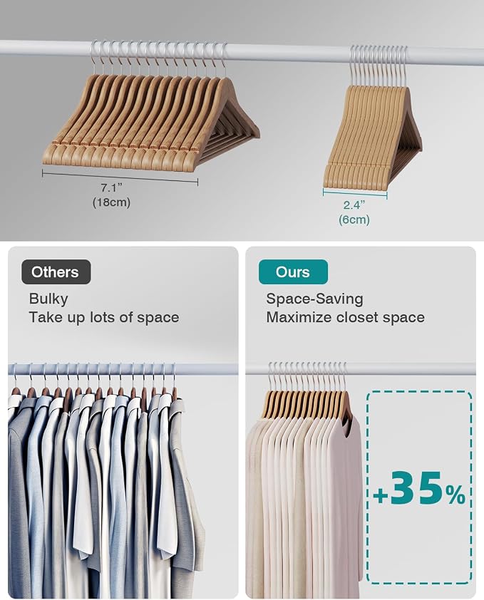 ABHENG 20 Pack Wooden Coat Hangers, 360° Swivel Hook, Suit Hangers with Anti-Slip Notches, Clothes Hangers for Jackets, Shirts, Dress, Natural UAWY0520N
