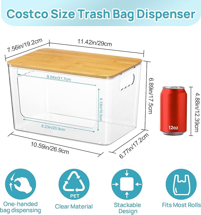 Vtopmart 2 Pack Trash Bag Holder with Bamboo Lid, Garbage Bag Dispenser | Stackable Trash Bag Organizer for 13/30/33 Gallon Bags, Clear Organizer Bins for Under Sink, Laundry Room Organization