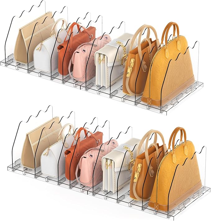 Ronlap Purse Storage Organizer for Closet Clear Shelf Dividers Rack, 4 Pack | Clear separators keep handbags, totes, clutches & purses upright & visible on shelves for closet storage and organization