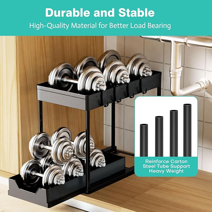 Under Sink Organizers 2 Pack, Pull-Out Sliding Cabinet Organizer with 2-Tier Storage Shelf & 4 Hooks, Multi-Purpose for Kitchen & Bathroom (13 Inch, Black)