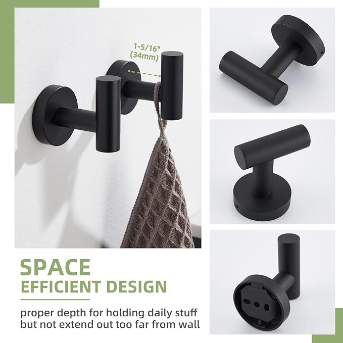 Bathroom Hardware Set 4-Piece Matte Black, Angle Simple Stainless Steel Bathroom Accessories with Towel Hook x 2, Toilet Paper Holder and Rotary Towel Ring, Wall Mount