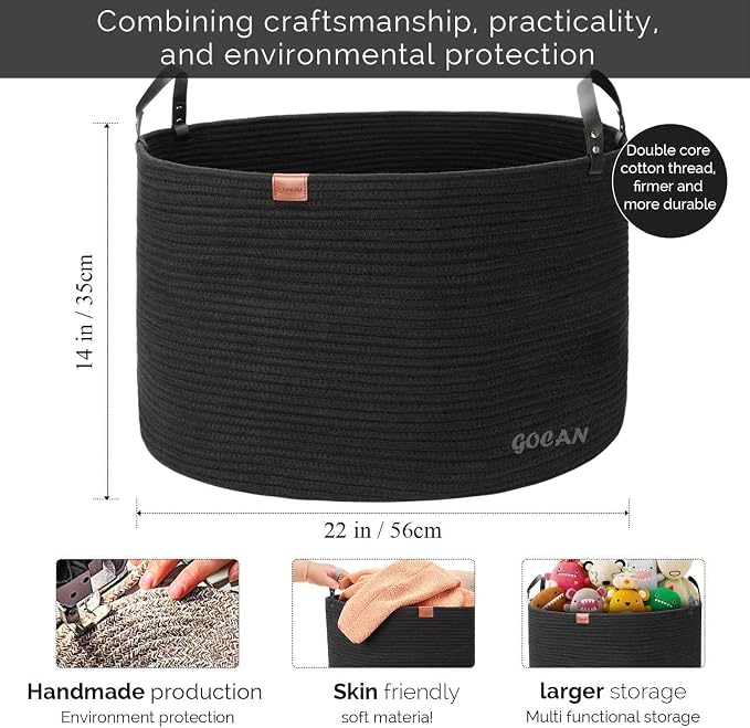 GOCAN Extra Large Storage Laundry Basket 22" X 22"X 14" Cotton Rope Woven for Blanket Basket with Handles for Living Room Toys Storage XXXL (Pure Blk)